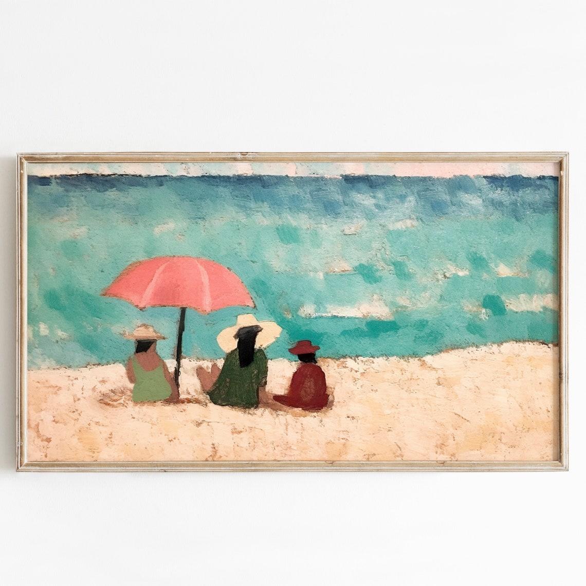 Three Friends at the Beach Pink Umbrella Turquoise Sea Poster - Image 3