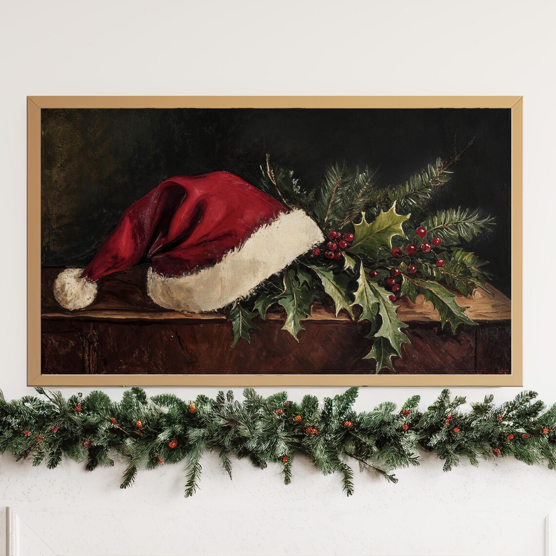 Vintage Santa Hat Holly Christmas Still Life Oil Painting Poster - Image 3