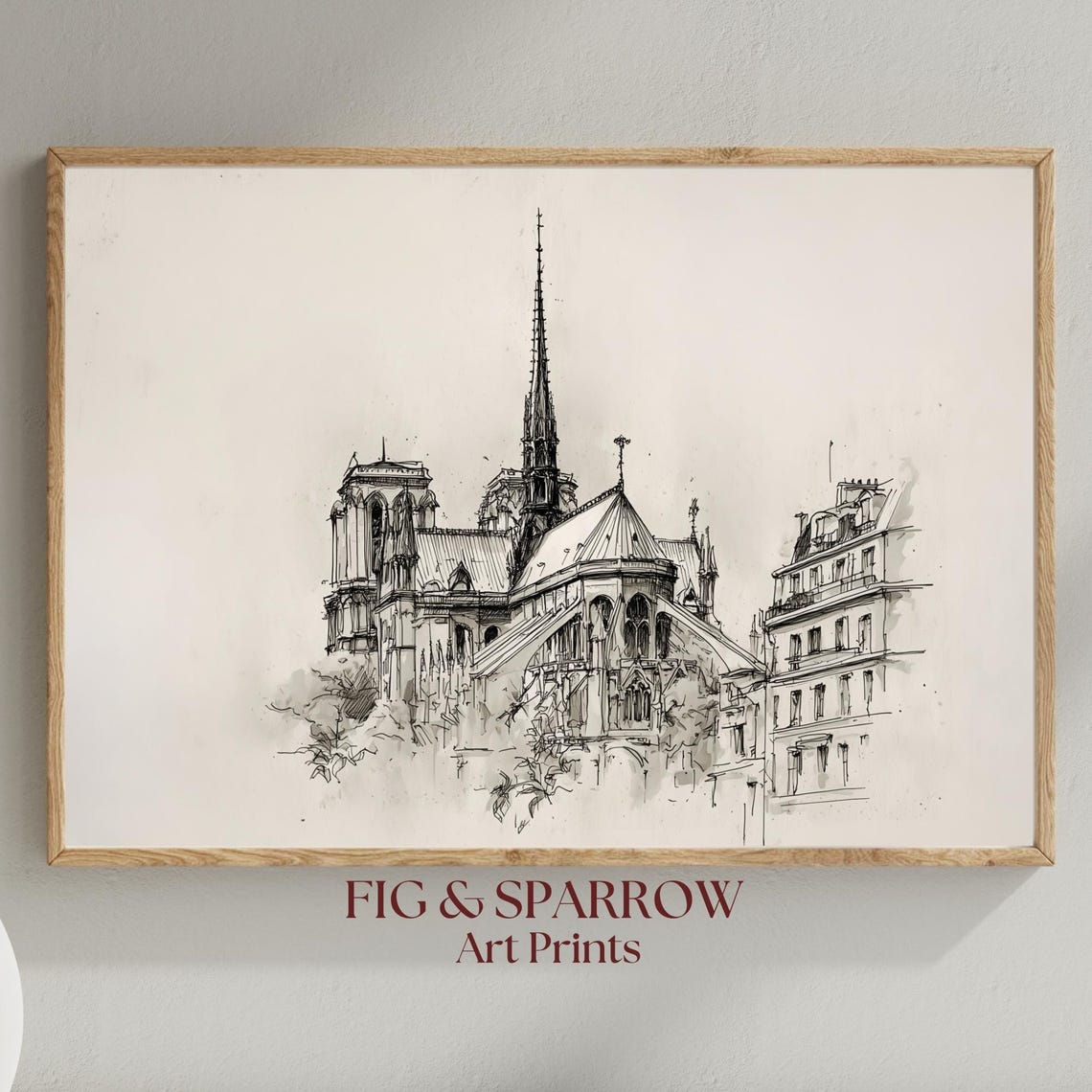 Gothic Notre Dame Cathedral Paris Ink Line Drawing Sketch Art Print