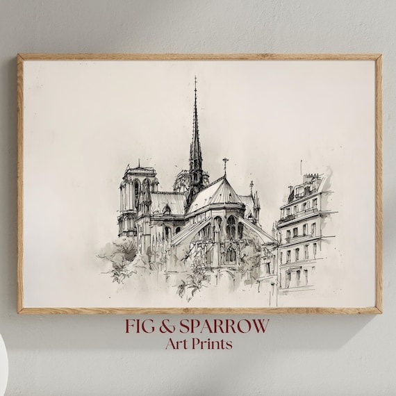 Gothic Notre Dame Cathedral Paris Ink Line Drawing Sketch Art Print