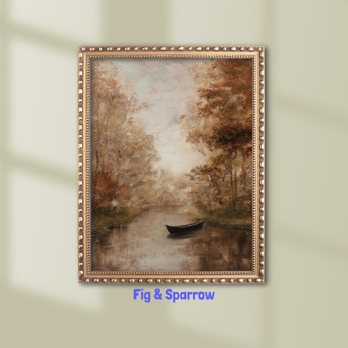 Autumn Rowboat On Misty River Vintage Fall Landscape Painting Print