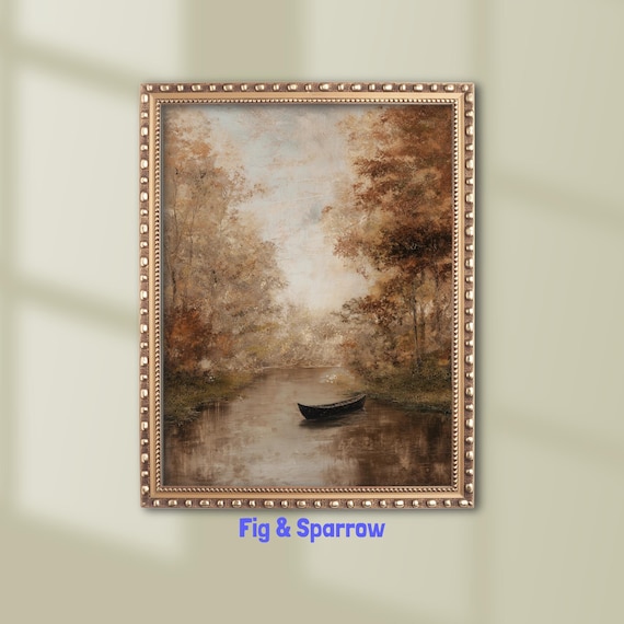 Autumn Rowboat Landscape Print Rustic Fall Wall Art Moody River Scene