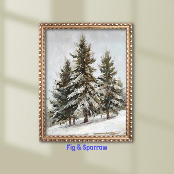 Winter Pine Tree Wall Art Snowy Landscape Painting Rustic Evergreen