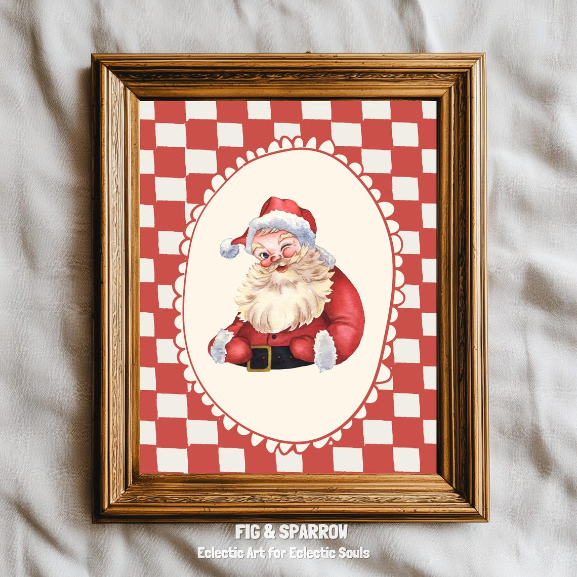 Vintage Winking Santa Claus Retro Red Checkered Christmas Poster