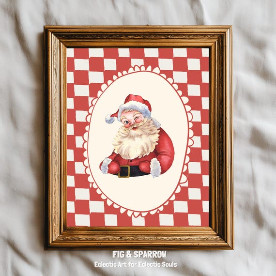 Vintage Winking Santa Claus Retro Red Checkered Christmas Poster