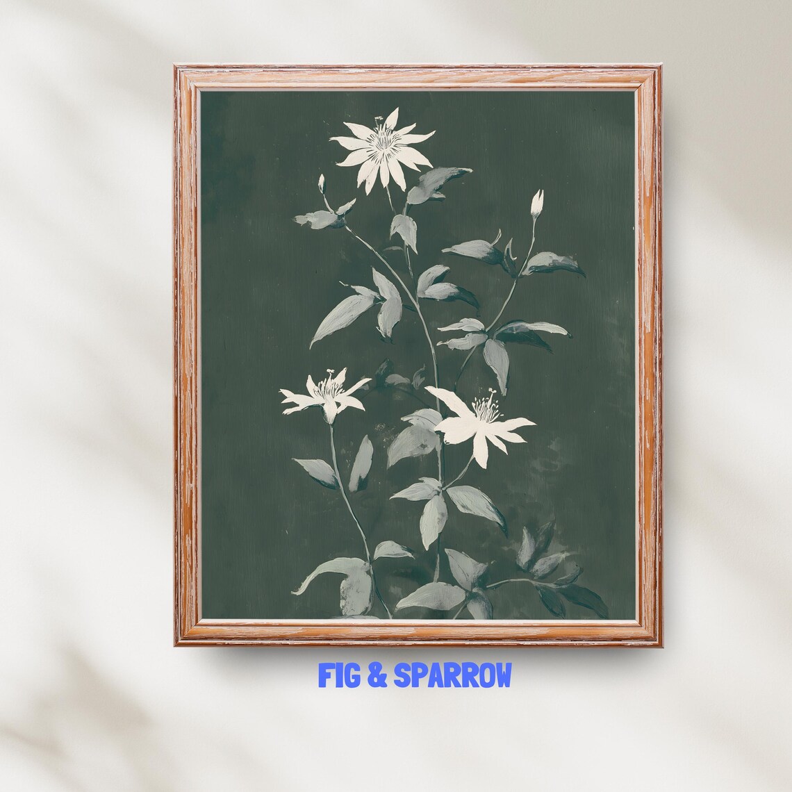 White Flowers On Dark Green Botanical Art Moody Floral Decor Poster