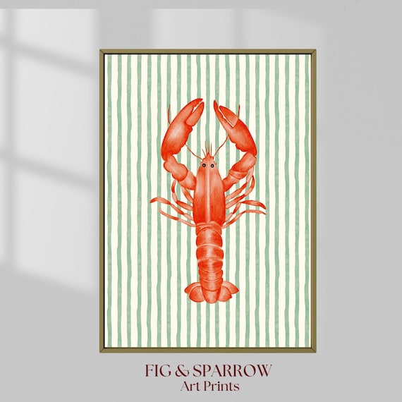 Red Lobster Coastal Watercolor Art on Green Striped Background Poster
