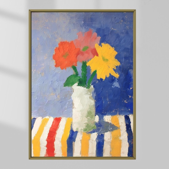 Bold Floral Still Life Vase Striped Table Boho Colorful Wall Art