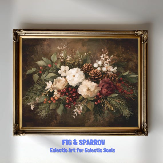 Vintage Christmas Floral Arrangement Oil Painting Moody Holiday Botanical Poster