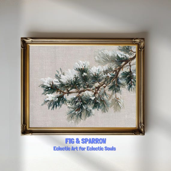 Snowy Pine Branch Vintage Botanical Winter Christmas Wall Art