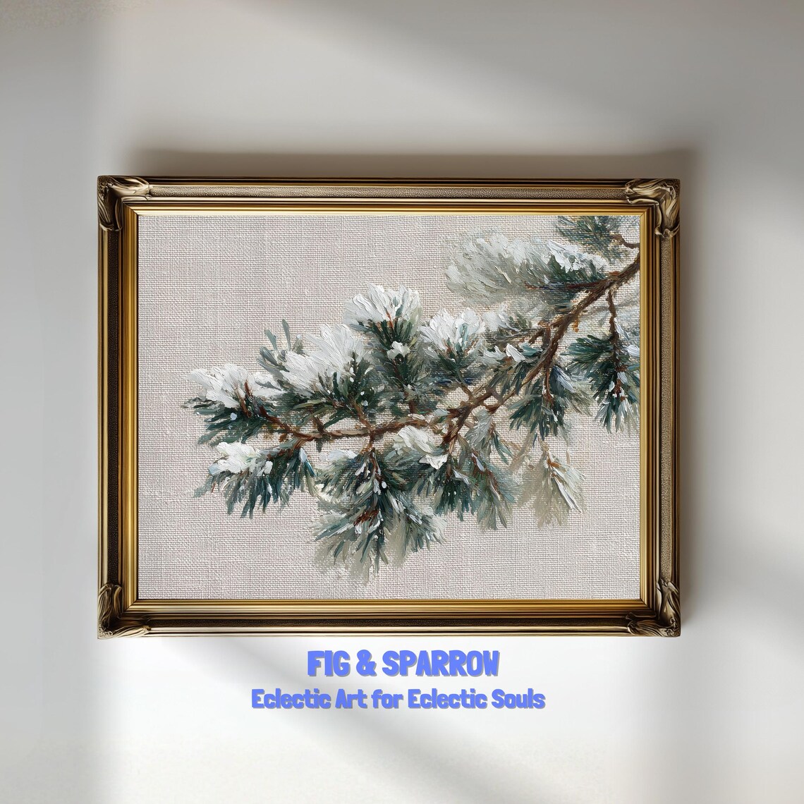 Snowy Pine Branch Print Winter Botanical Wall Art Neutral Christmas Decor