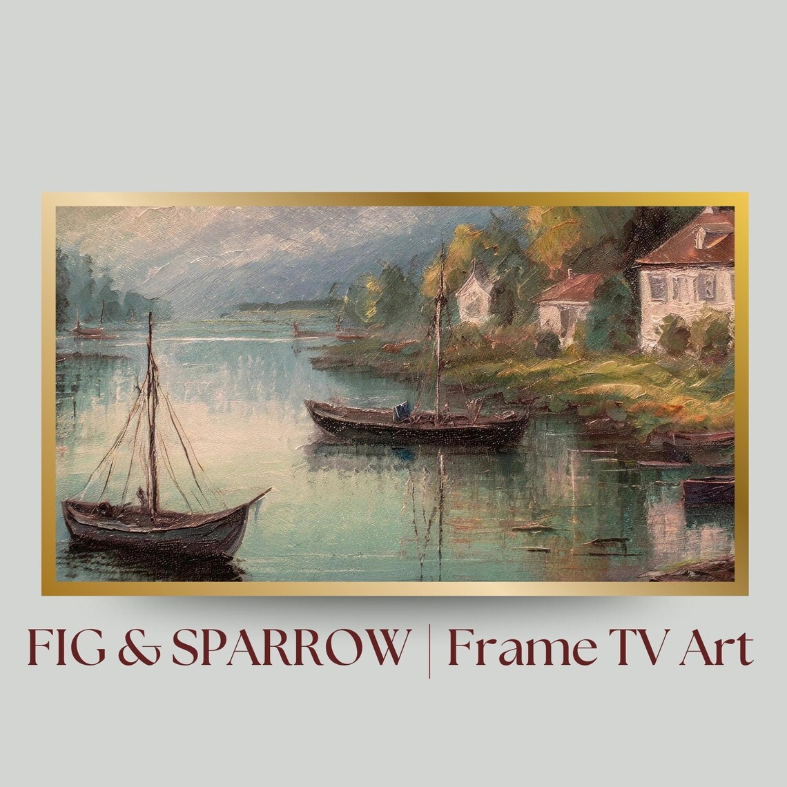 Vintage Coastal Harbor Sailboat Scene Painting Nautical Wall Art