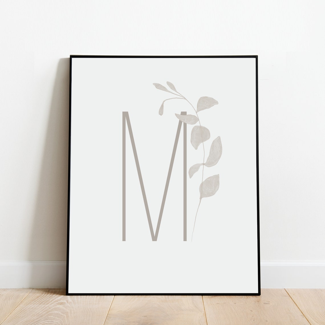 Letter M Botanical Initial Print with Soft Beige Leaf Sprig Art - Image 4