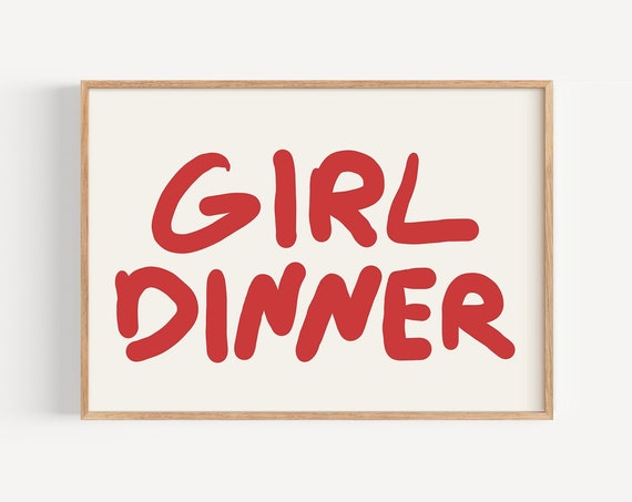Red Girl Dinner Horizontal Print Trendy Maximalist Kitchen Decor Typography Art Print Foodie Gift Mid Century Print Fun Kitchen Print