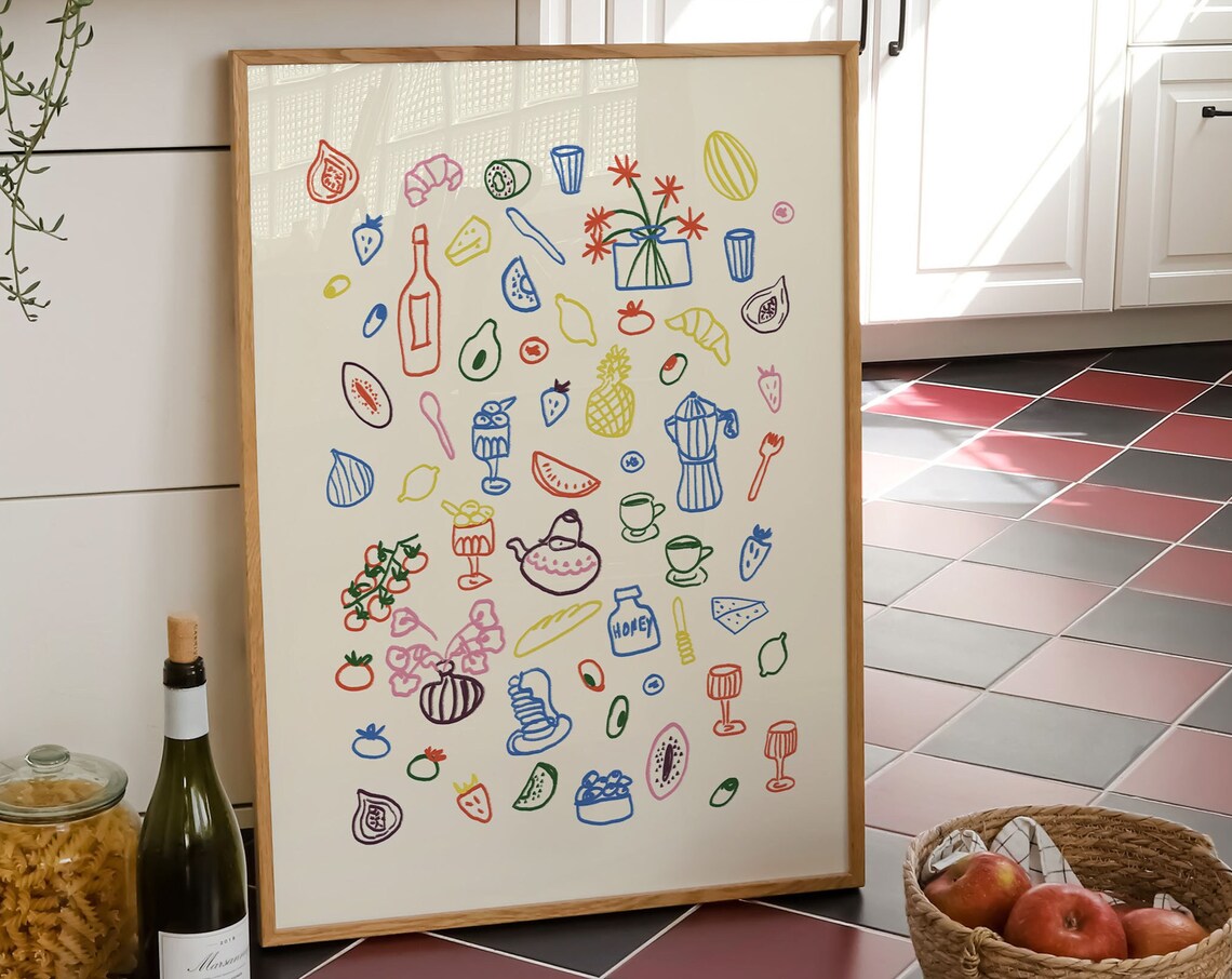 Retro Breakfast Table Art Print, Maximalist Kitchen Decor