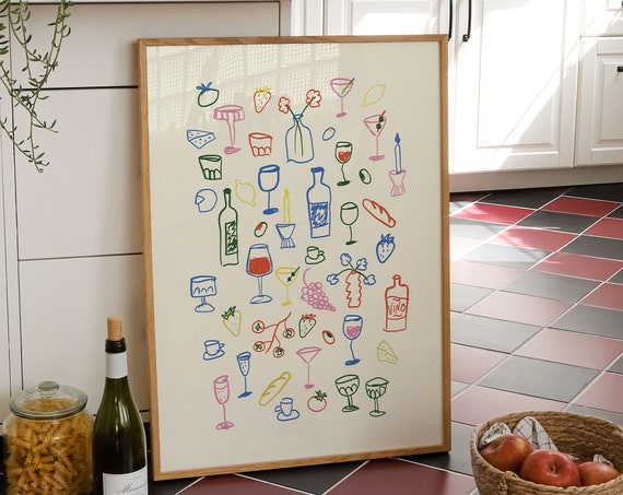 Retro Dinner Table Poster, Maximalist Kitchen Decor