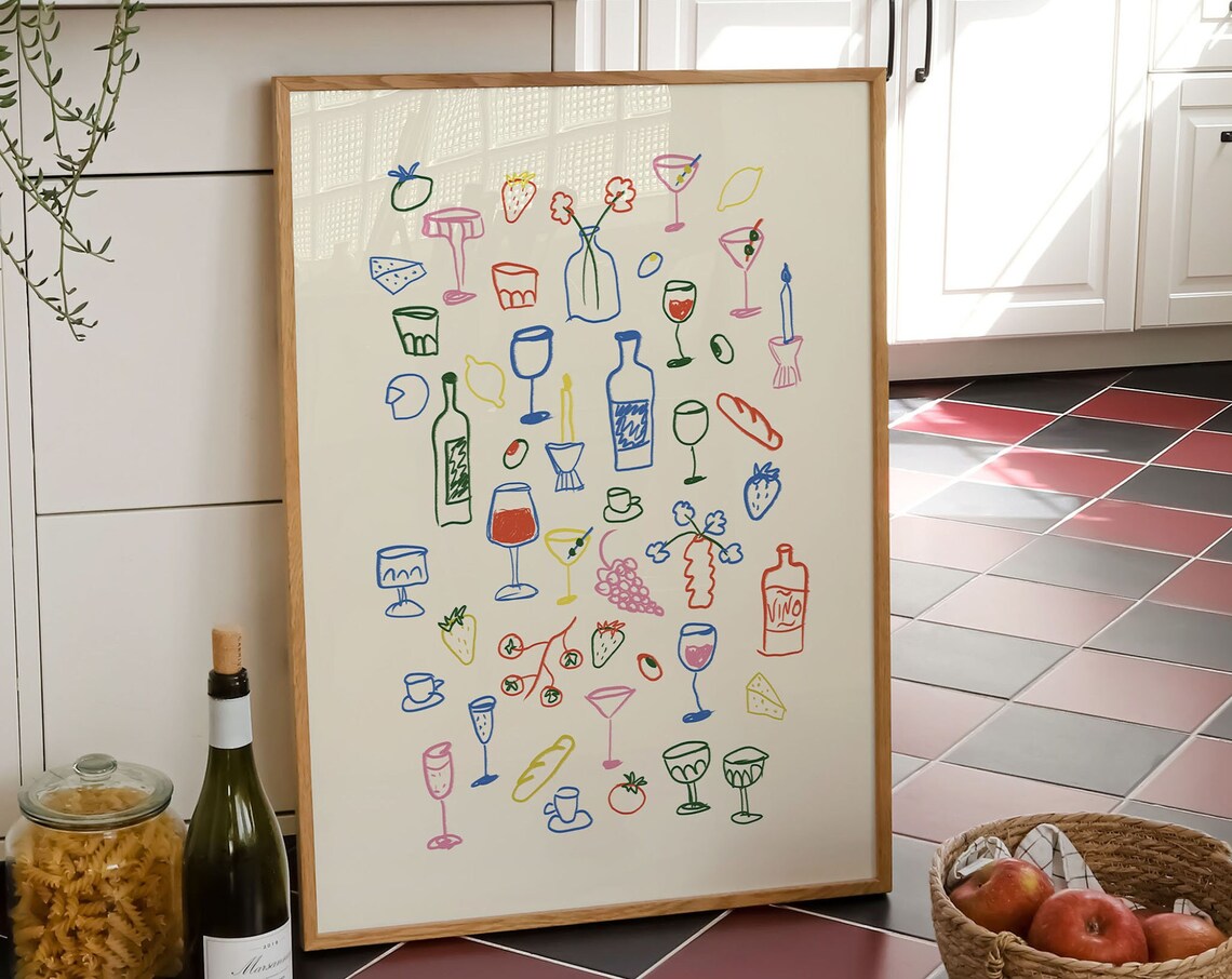 Retro Dinner Table Poster, Maximalist Kitchen Decor