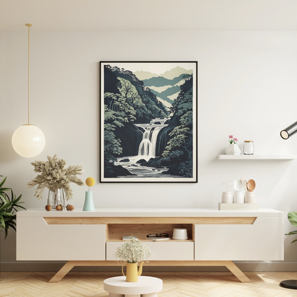 Japanese Woodblock Waterfall Poster, Tranquil Landscape - Image 2