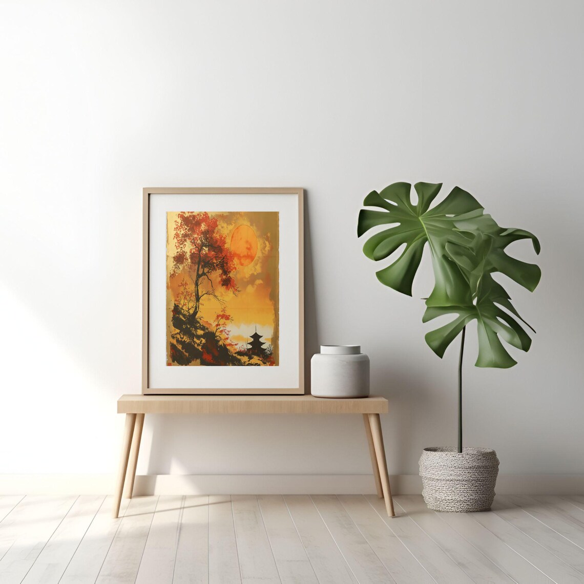 Golden Sunset Landscape With Pagoda, Minimalist Japanese Inspired - Image 2