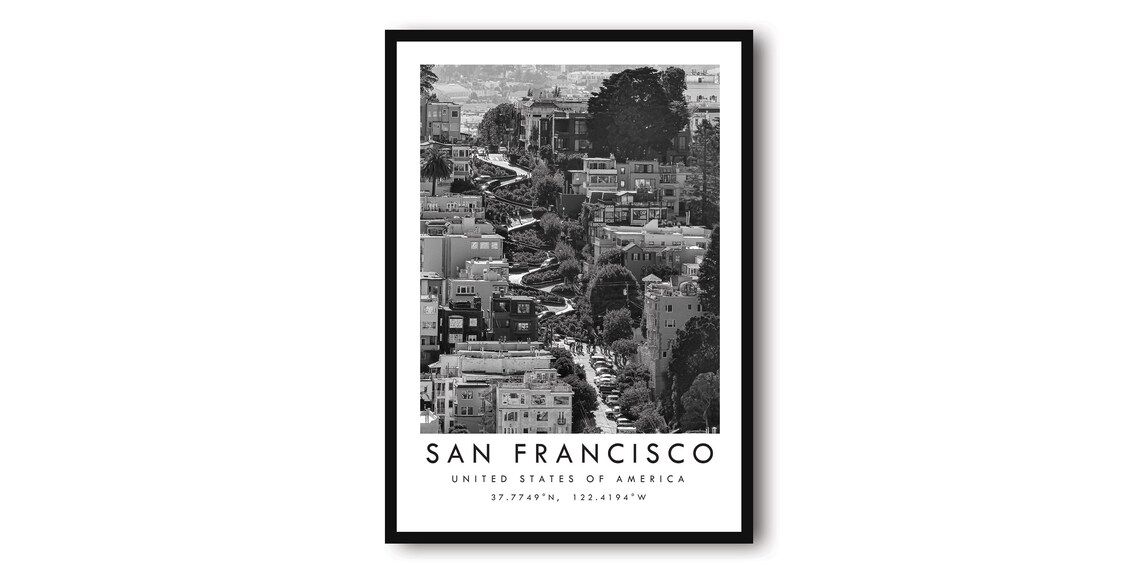 San Francisco Travel Poster, Black and White Decor