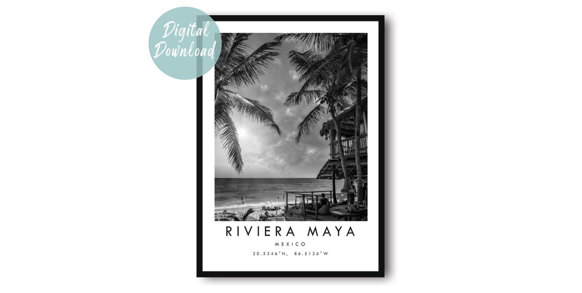 Riviera Maya Mexico Black And White Palm Framed Beach Photo Poster