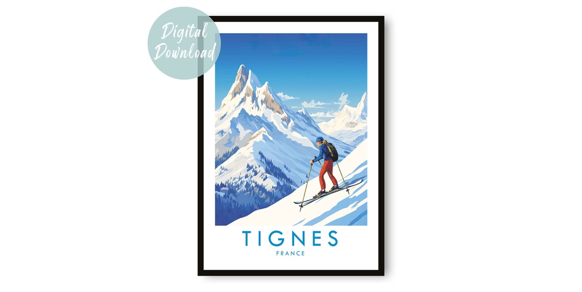 Tignes Skier Descending Snowy Peaks Retro Illustration Poster