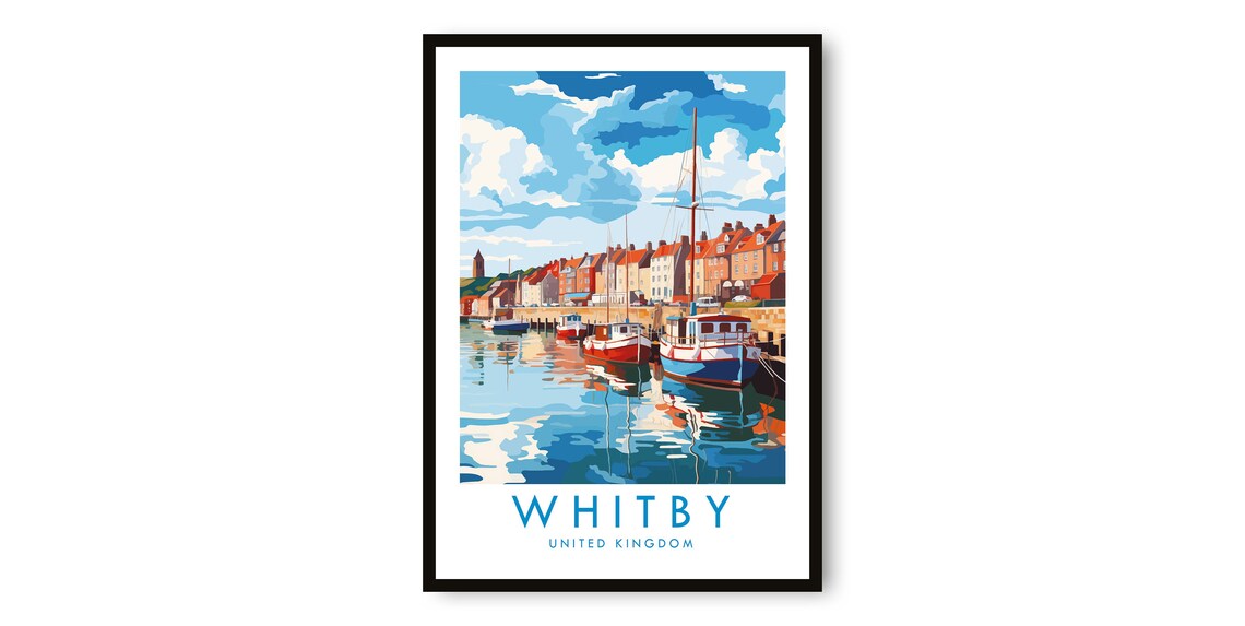 Whitby United Kingdom Poster with Illustrated Harbour and Boats