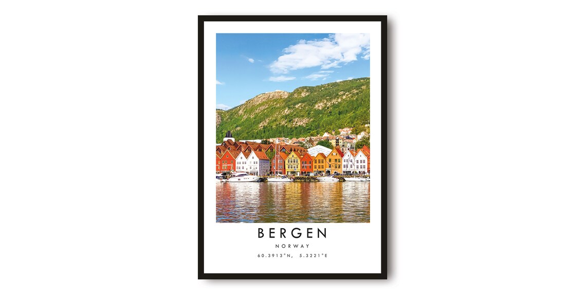 Bergen Norway Colorful Bryggen Wharf Waterfront Photo Travel Poster