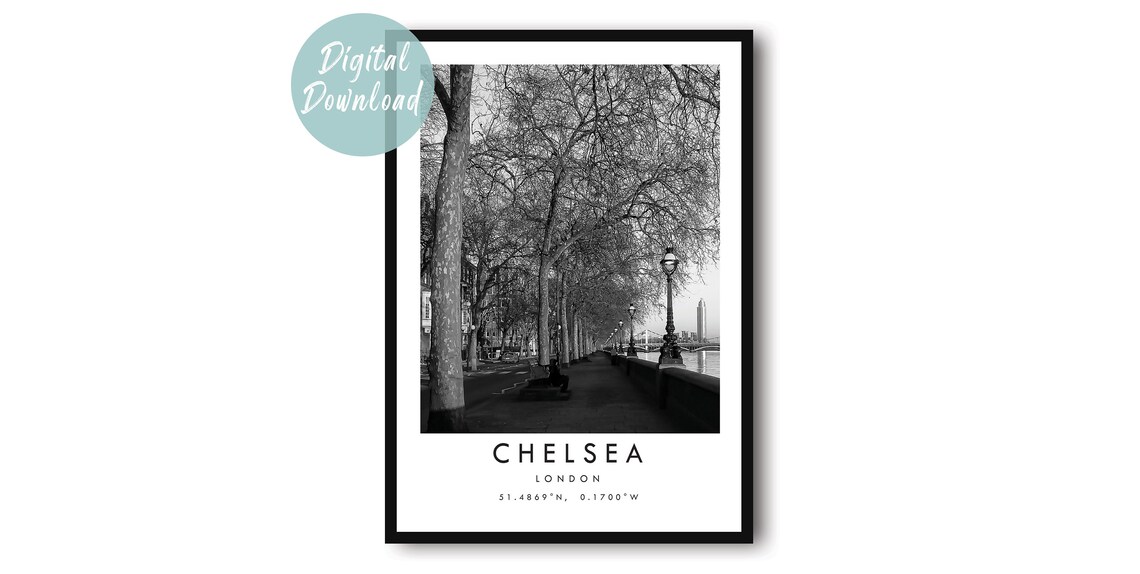 Chelsea Embankment Riverside Trees Lamps Black and White Travel Poster