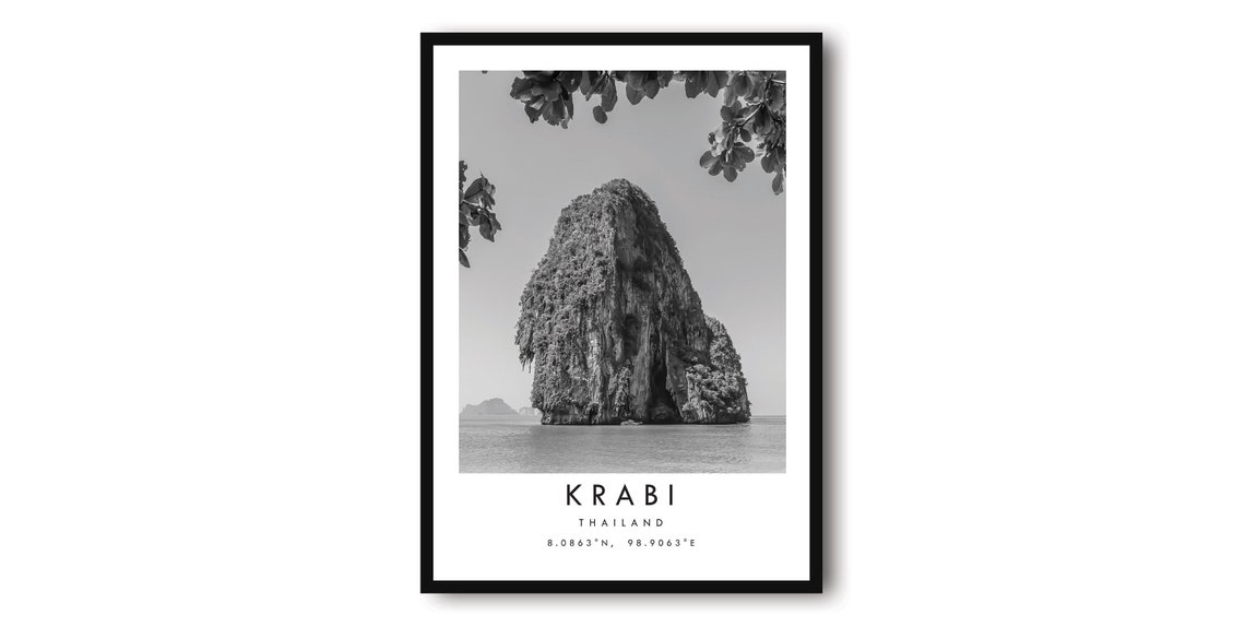 Krabi Thailand Limestone Karst Sea Cliffs Black White Photo Poster