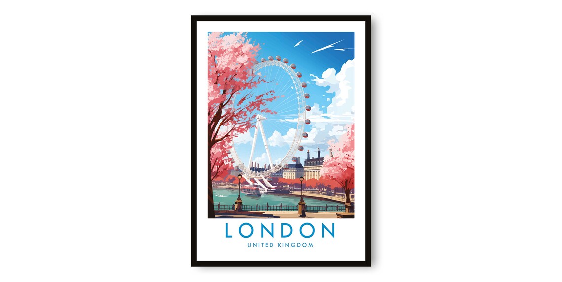 London United Kingdom Poster with London Eye and Cherry Blossom