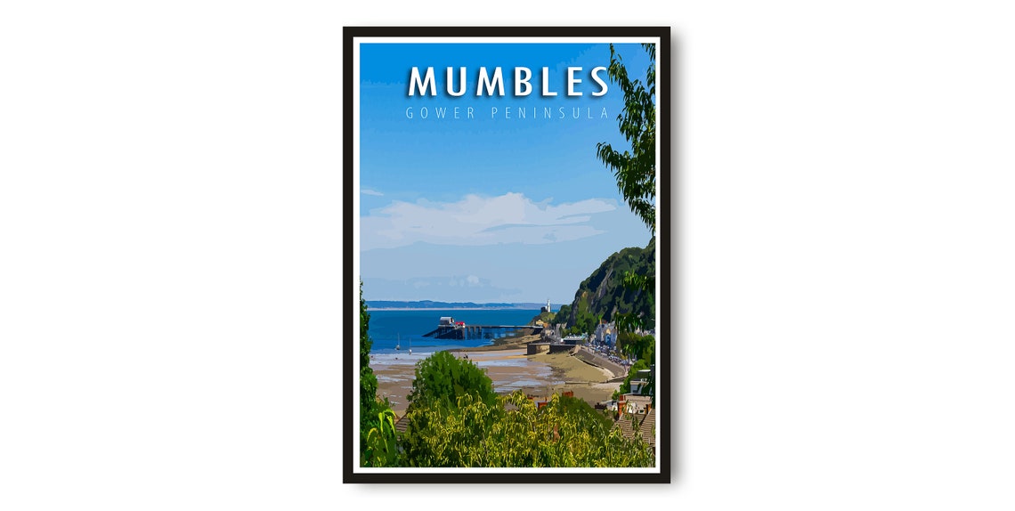 Mumbles Gower Peninsula Pier Colorful Wales Coast Travel Poster