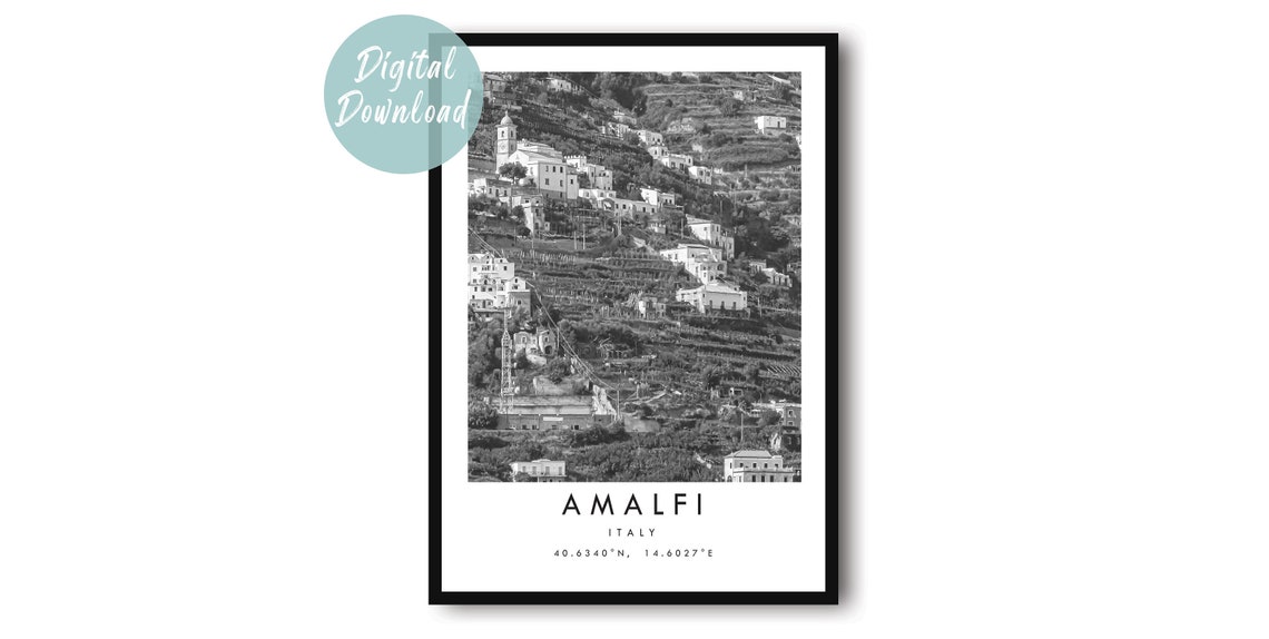 Amalfi Coast Hillside Village In Black And White Travel Poster