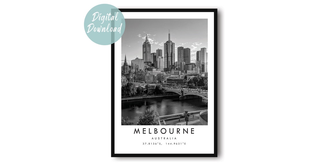 Melbourne Skyline River Bridge Black And White City Travel Poster