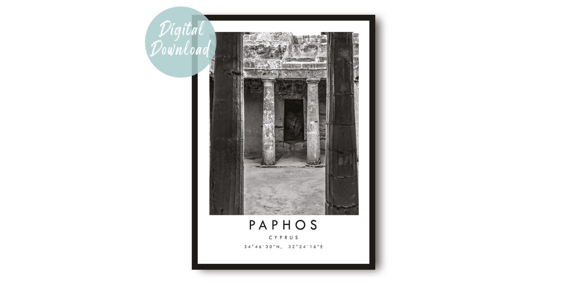 Paphos Cyprus Ancient Stone Column Ruins Black and White Poster