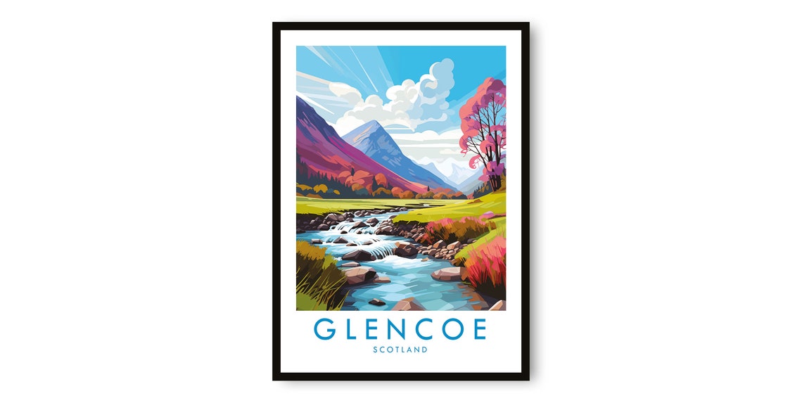 Glencoe Scotland Mountain River Colorful Highland Travel Poster