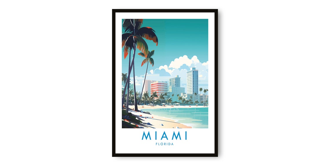 Miami Florida Beach Palm Trees Skyline Retro Travel Art Poster