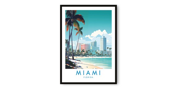 Miami Florida Beach Palm Trees Skyline Retro Travel Art Poster