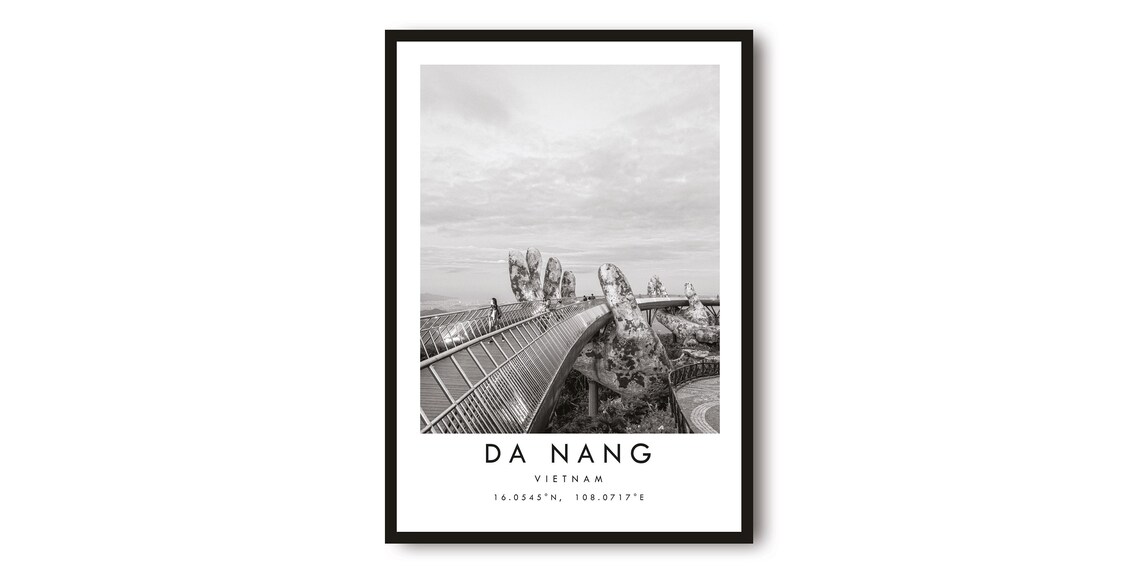 Da Nang Vietnam Golden Bridge Giant Hands Black and White Poster