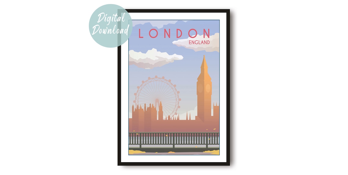 London Big Ben London Eye and Parliament Retro Sunset Travel Poster