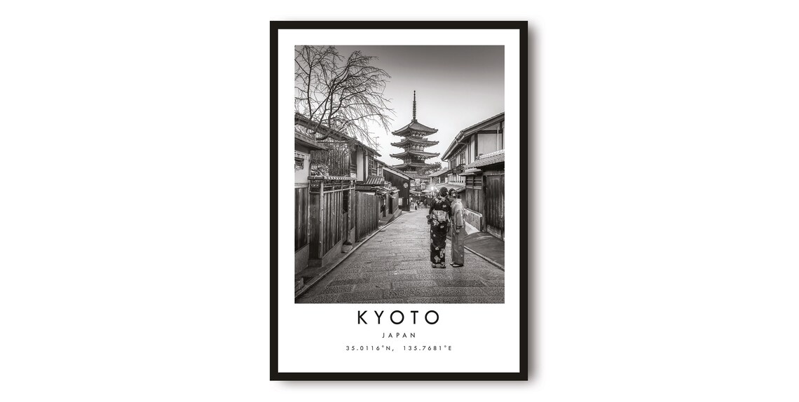 Kyoto Japan Black And White Cityscape Travel Poster