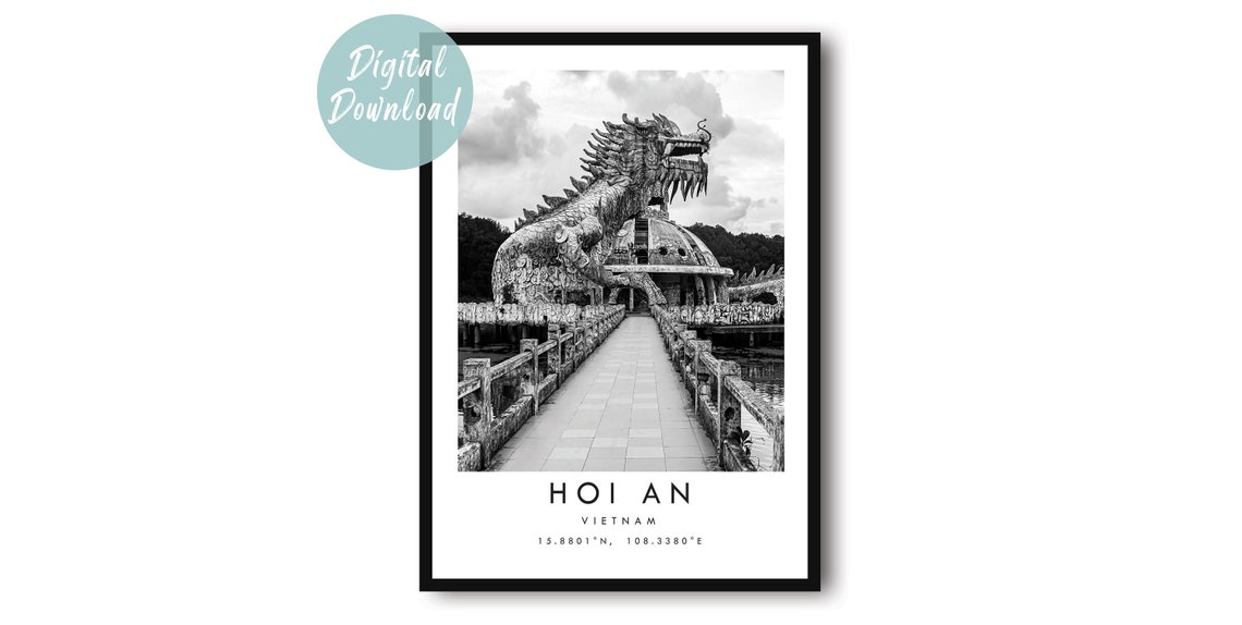 Hoi An Colossal Dragon Statue Coiled on Dome Black and White Poster