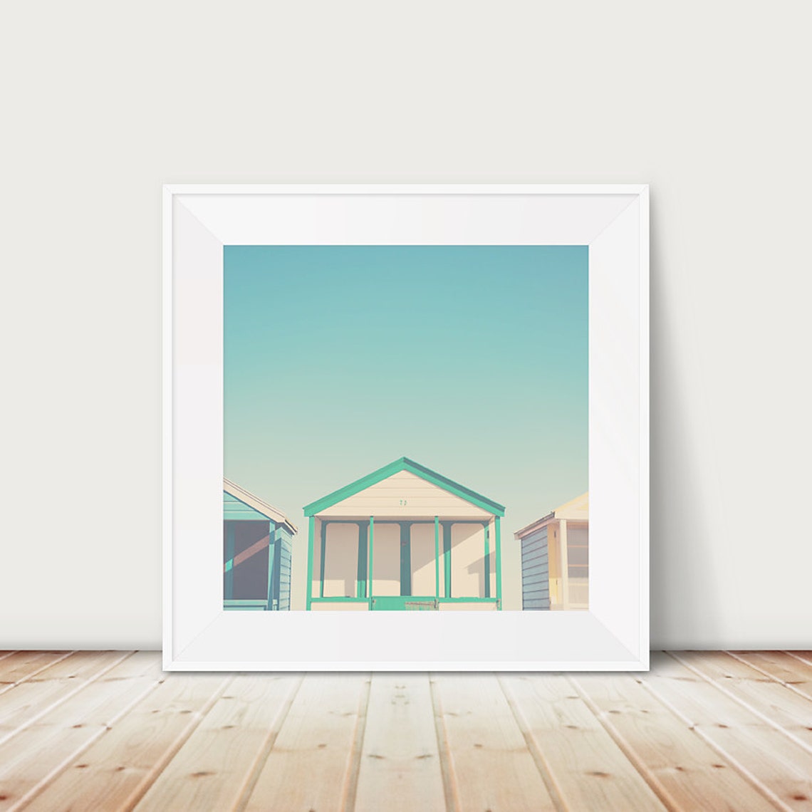 Teal Beach Huts Seaside Minimalist English Coast Photo Poster