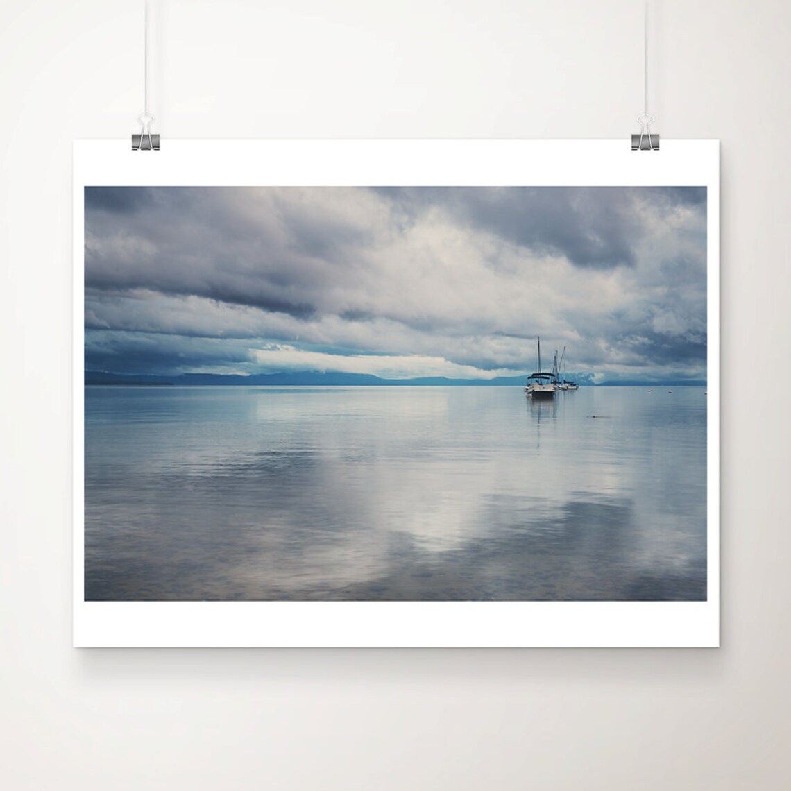 Lake Tahoe Sunrise Sailboats Calm Water Mountain Photo Poster