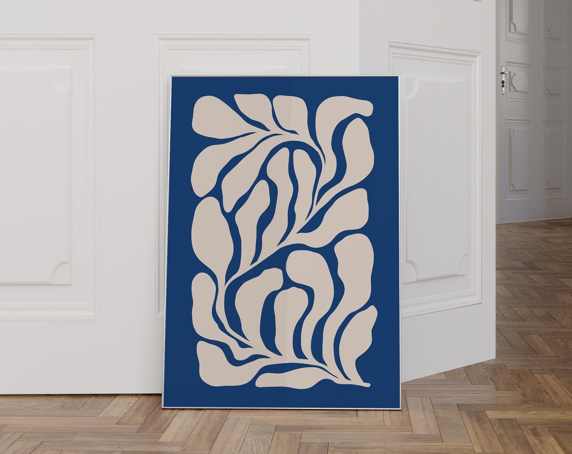 Abstract Organic Beige Leaves On Royal Blue Modern Botanical Wall Art