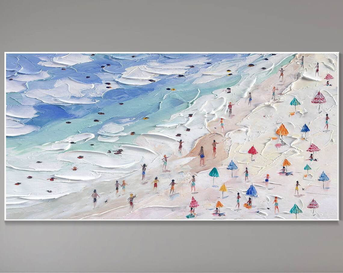 Crowds On The Shore Coastal Summer Art Print