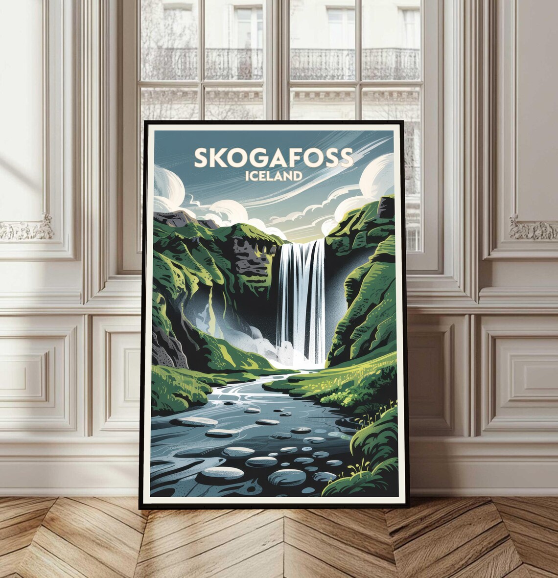 Skogafoss Iceland Waterfall Vintage Travel Poster Green Canyon View