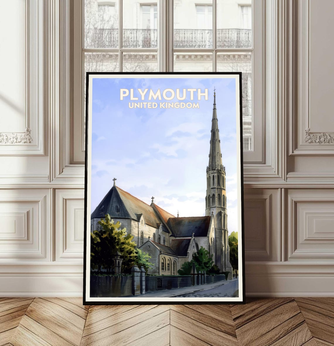 Plymouth Cathedral Spire Historic Stone Church Travel Poster