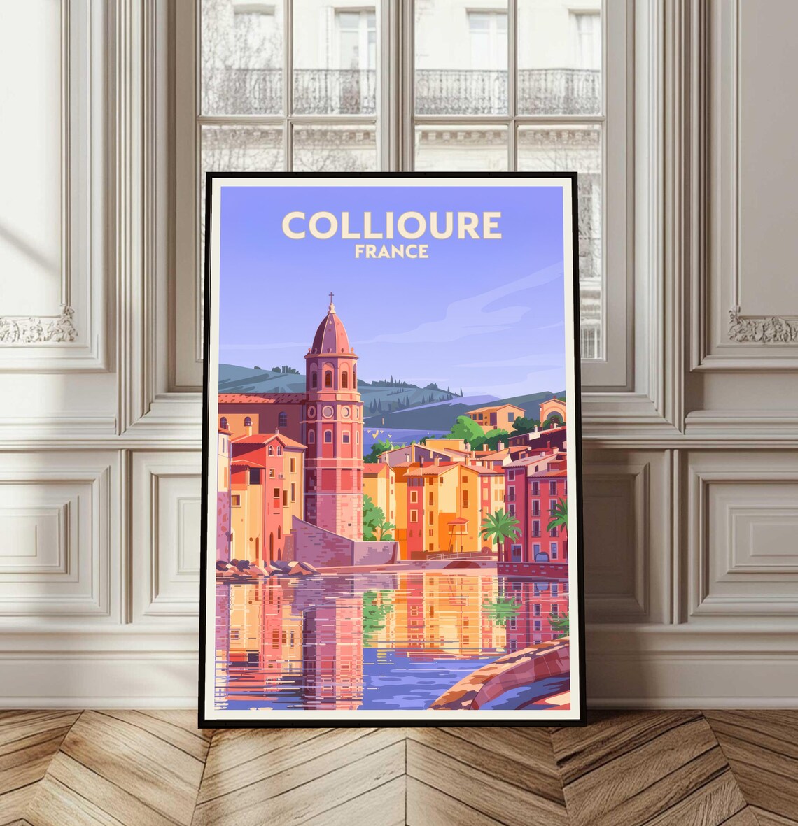 Collioure France Vintage Travel Poster Harbor Church Bell Tower