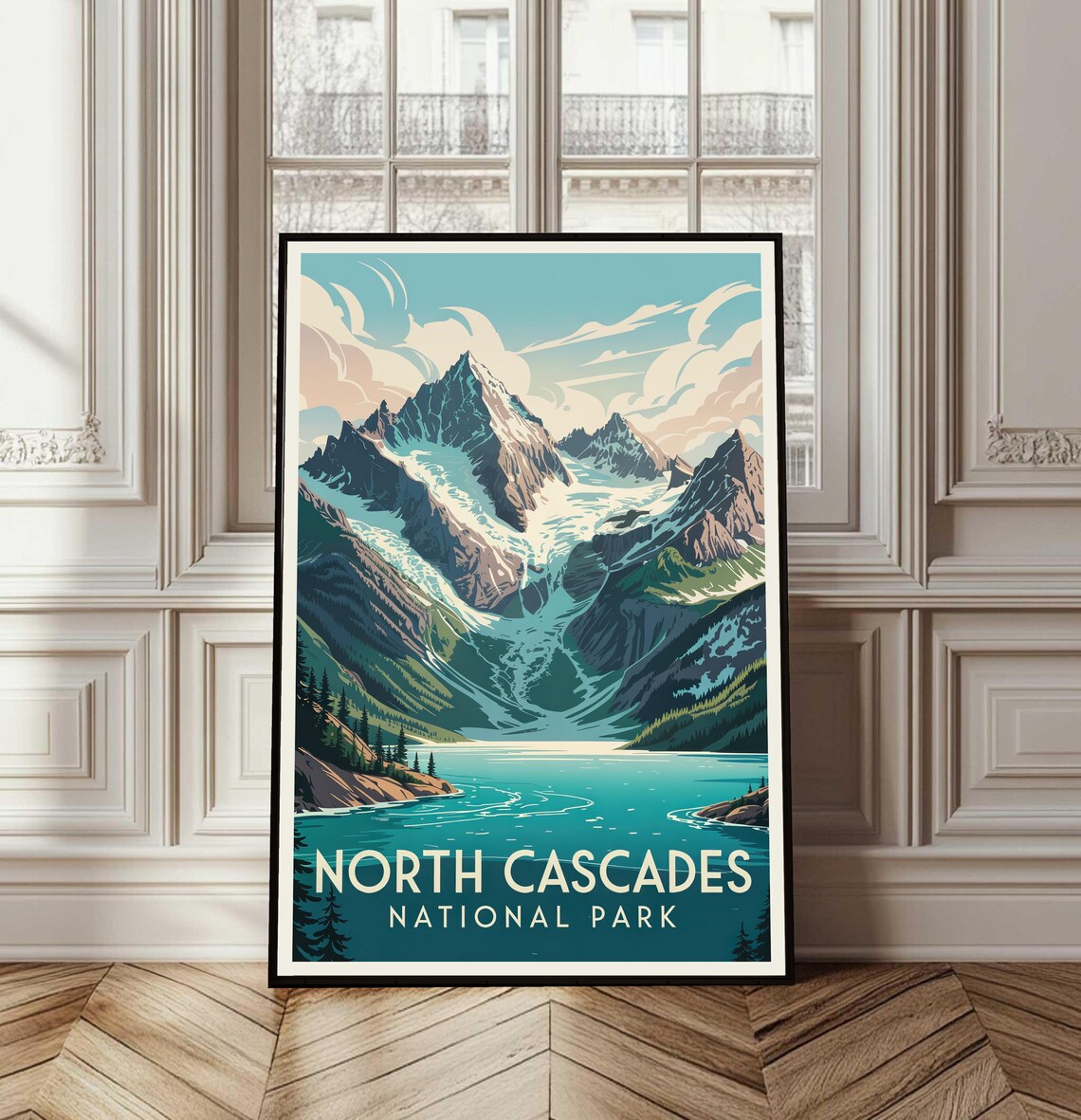North Cascades National Park Vintage Lake Glacier Travel Poster
